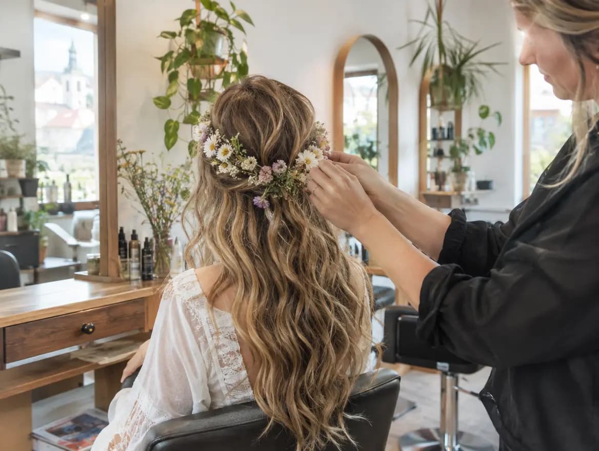 Bohemian svatba, rozpuštěné vlasy s květinami